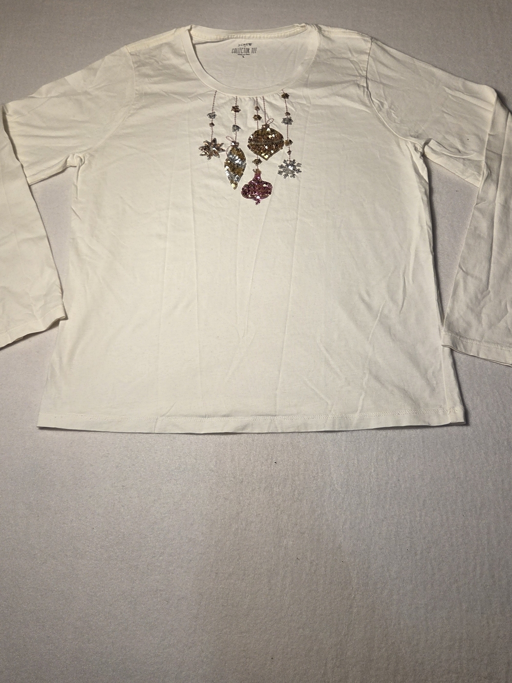 J. Crew White Long Sleeve Tee with Sequin Ornament Collector Tee Size Small